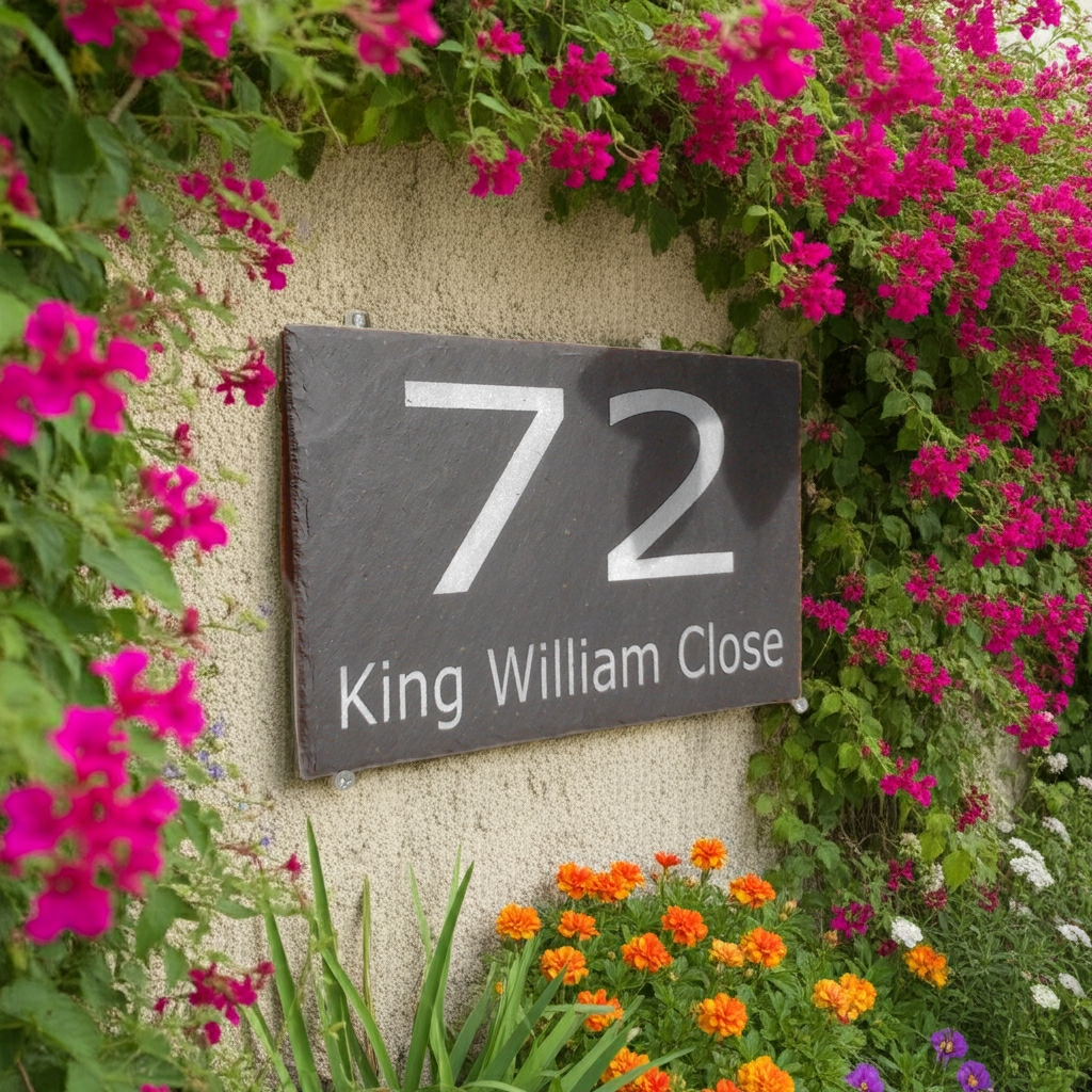 House number sign '72 King William Close' on a wall with flowers