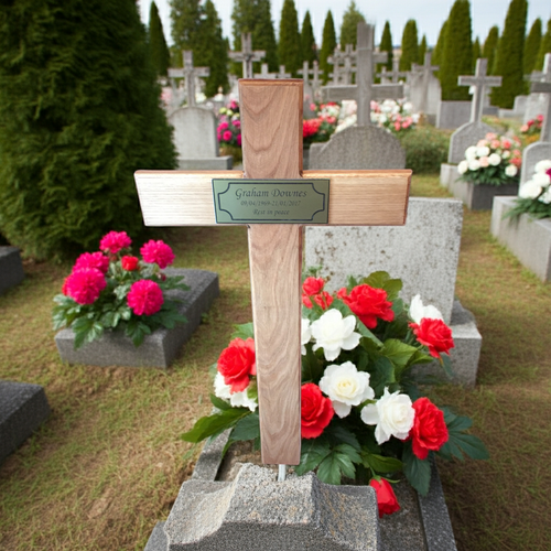 Grave with wooden cross and floral arrangement in a cemetery
