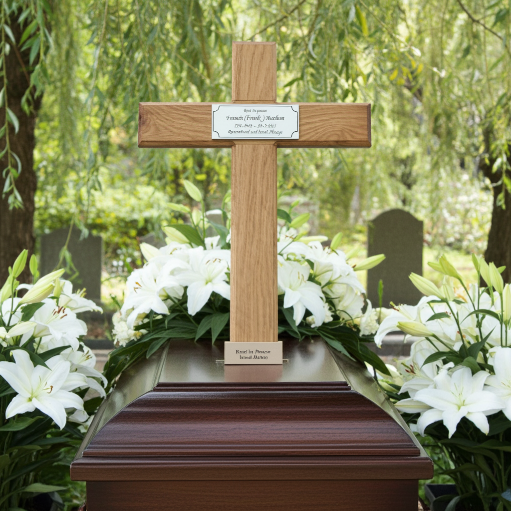 Wooden cross on a grave with white flowers and greenery in the background