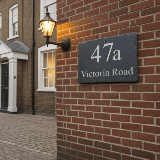 House number 47a Victoria Road on a brick wall with a street lamp in the background.