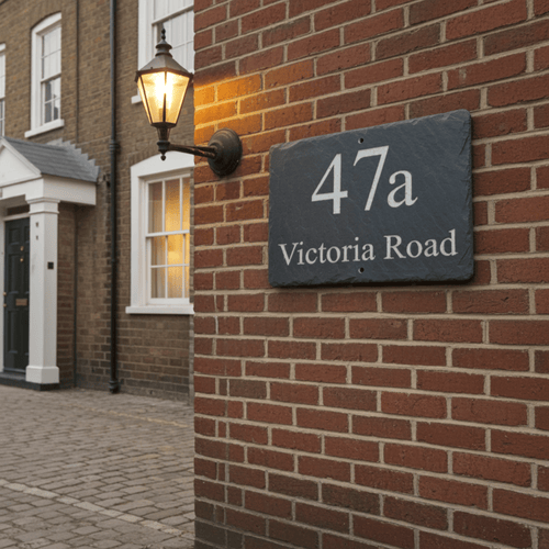 House number 47a Victoria Road on a brick wall with a street lamp in the background.