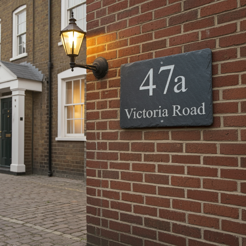 A dark slate house number sign reading '47a Victoria Road' mounted on a red brick wall beside a lit black wall lamp.
