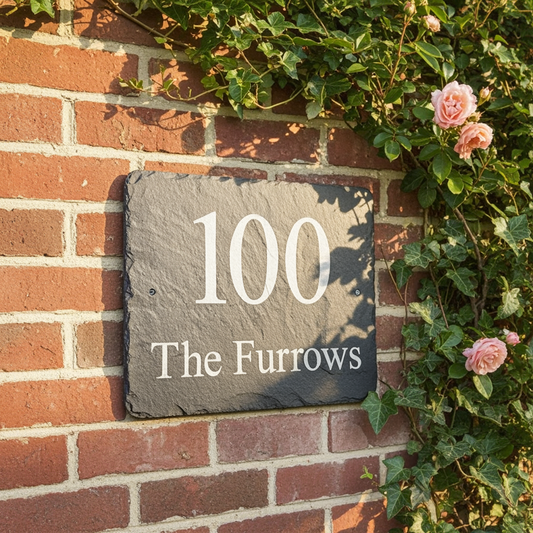 A rectangular slate house number plaque reading '100 The Furrows' mounted on a red brick wall, with green climbing vines and pink flowers around it.
