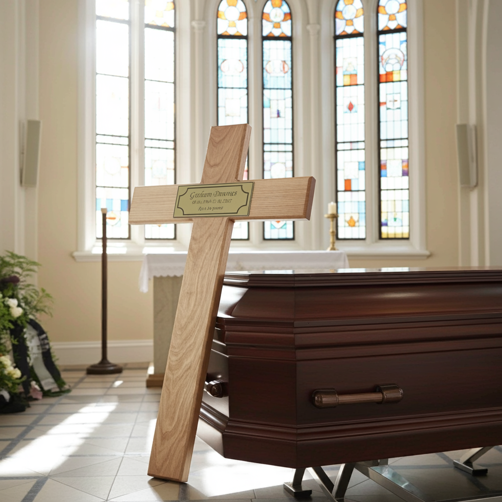 Large personalised solid oak wooden memorial cross with engraved memorial plaque for graves, cemeteries, churchyards and places of remembrance. Handmade in Britain.