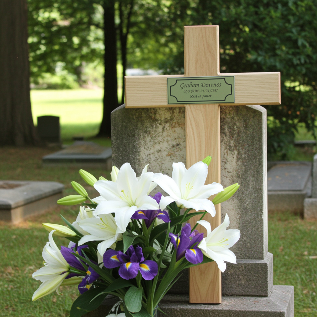 Grave with wooden cross and floral arrangement in a cemetery