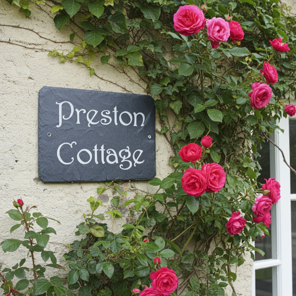 A dark slate sign reading 'Preston Cottage' mounted on a textured cream stucco wall, surrounded by climbing green ivy and bright pink roses.