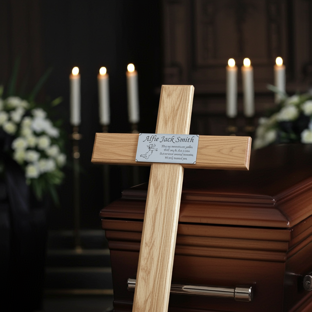 Wooden cross with a plaque on a casket at a funeral service.