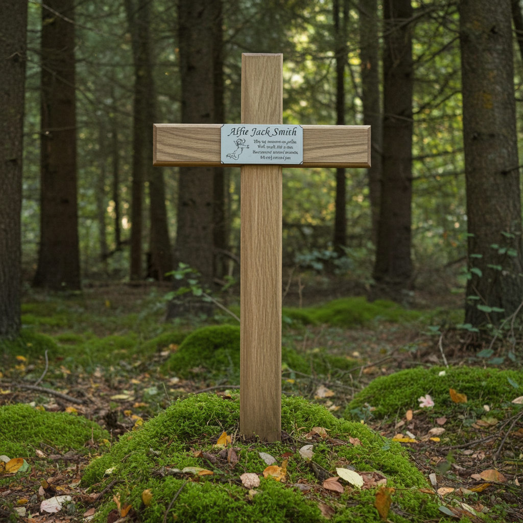 Wooden cross with a plaque in a forest setting