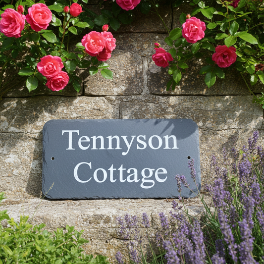 A rectangular slate house sign reading 'Tennyson Cottage' in white lettering, mounted on a stone wall and framed by pink roses above and purple lavender below.