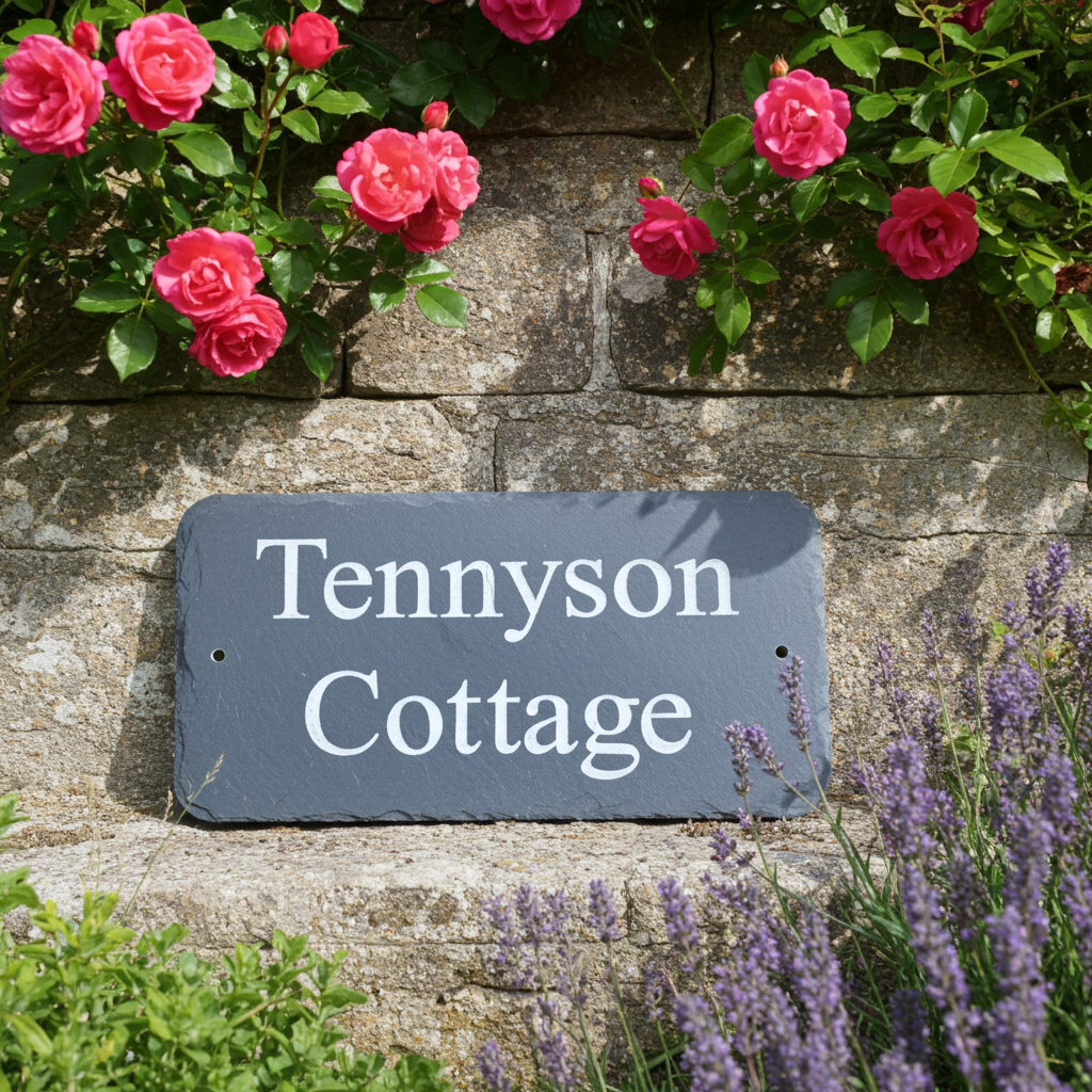 A rectangular slate house sign reading 'Tennyson Cottage' in white lettering, mounted on a stone wall and framed by pink roses above and purple lavender below.