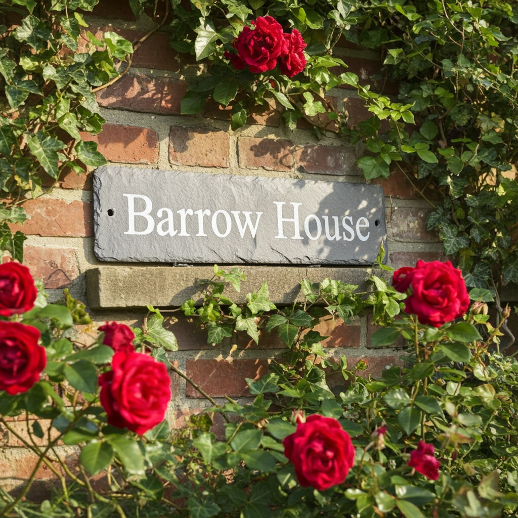 A rectangular slate sign reading 'Barrow House' in white lettering, mounted on a brick wall and surrounded by green ivy and red roses.