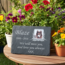 Memorial slate for a dog named Blaze with flowers in the background