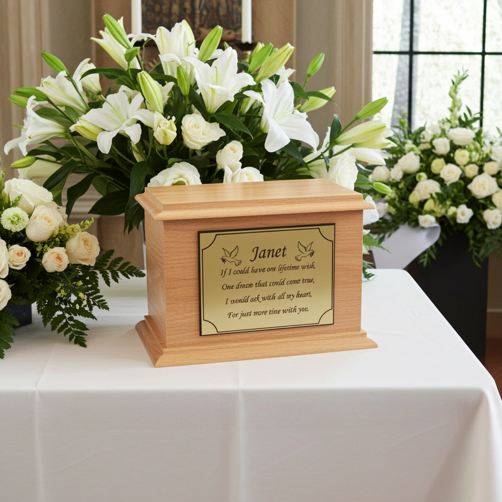 Wooden urn with engraved text on a table with floral arrangements in the background