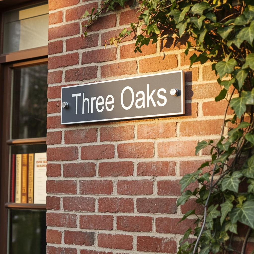 A rectangular dark gray street-style sign reading 'Three Oaks' mounted on a red brick wall, with green ivy growing along the right side.