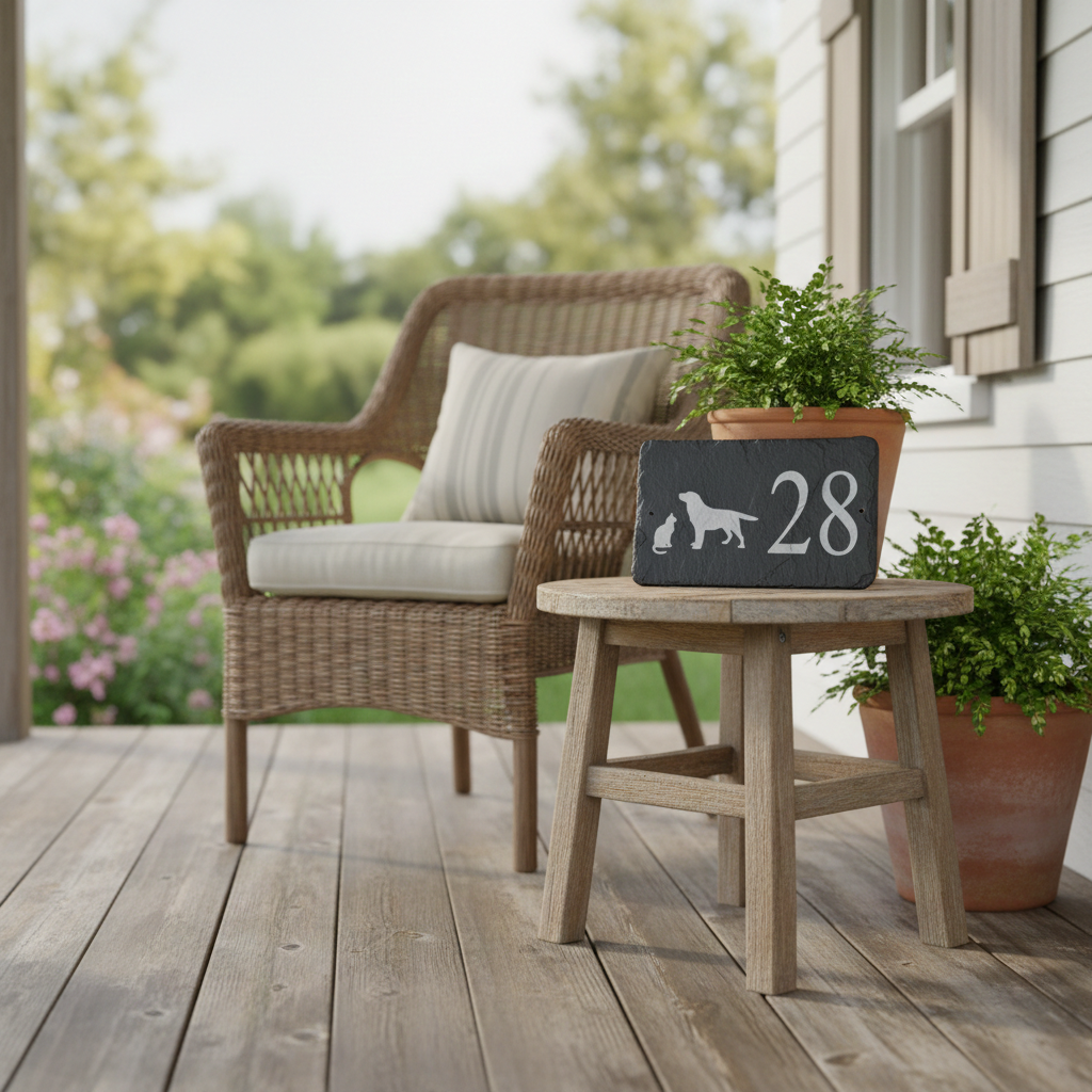 A wicker outdoor armchair with a cream cushion sits on a wooden porch beside a small round wooden side table holding a black sign with white number 28 and potted green plants.