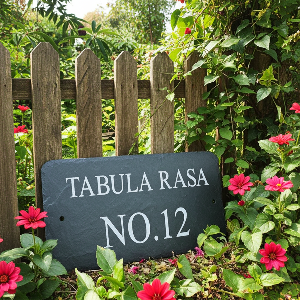 A dark slate house sign reading 'TABULA RASA NO.12' in white lettering, placed in a garden setting in front of a wooden picket fence and surrounded by green foliage and bright pink flowers.