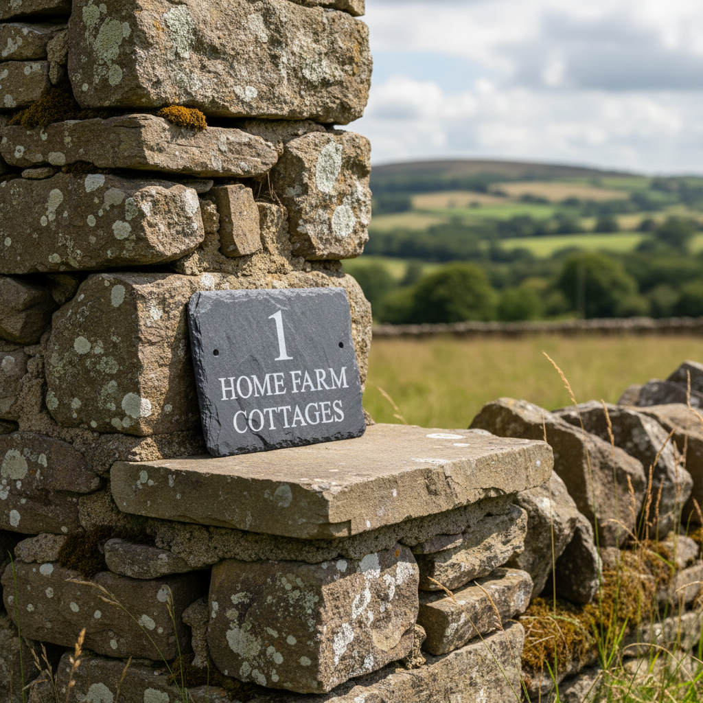 A dark slate house number sign reading '1 HOME FARM COTTAGES' mounted on a rustic stone wall, with a blurred rural landscape in the background.