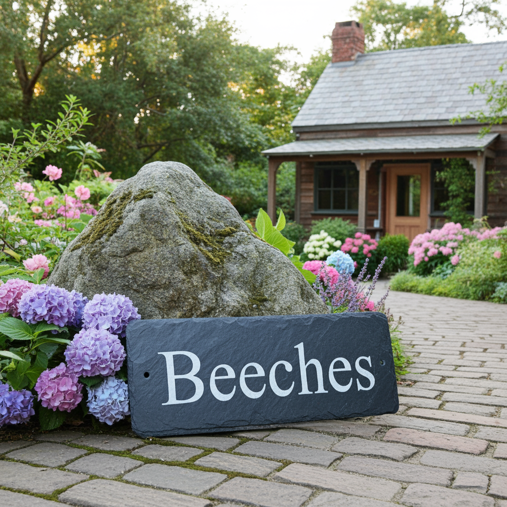A dark slate sign reading 'Beeches' in white lettering, placed outdoors on a stone path in front of a large mossy rock and purple flowers, with a small cabin and trees in the background.