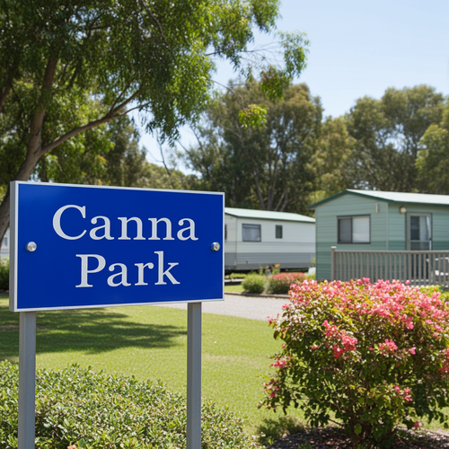 Blue sign reading 'Canna Park' in a park setting with trees and a building.