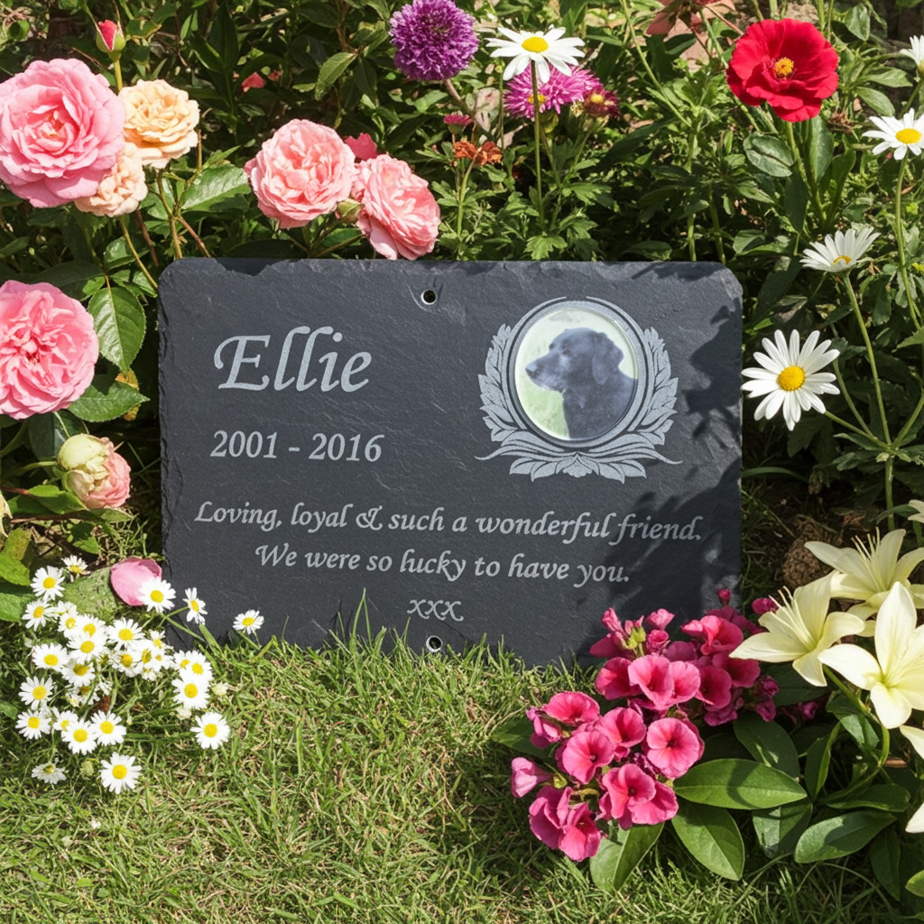 Personalised pet photo memorial plaque with colour pet photograph, laser etched name, dates and remembrance wording on natural slate