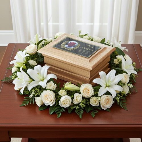 Wooden urn with floral arrangement on a table