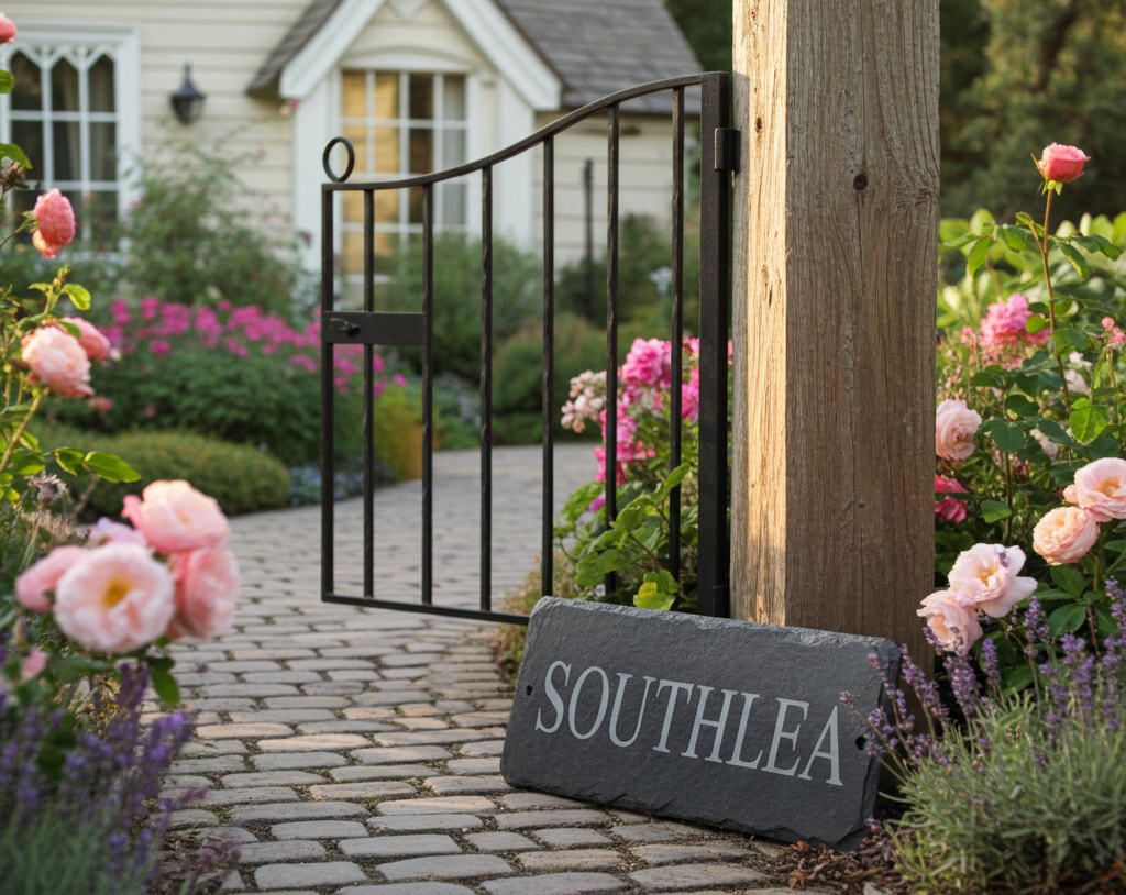 A black metal garden gate with a latch, set in a landscaped front yard beside a stone pathway, flowers, and a house. A slate sign reading SOUTHLEA lies on the ground near the gate.