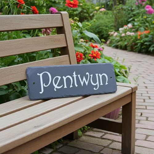 Wooden bench with a slate nameplate labeled 'Pentwyn' in a garden setting.