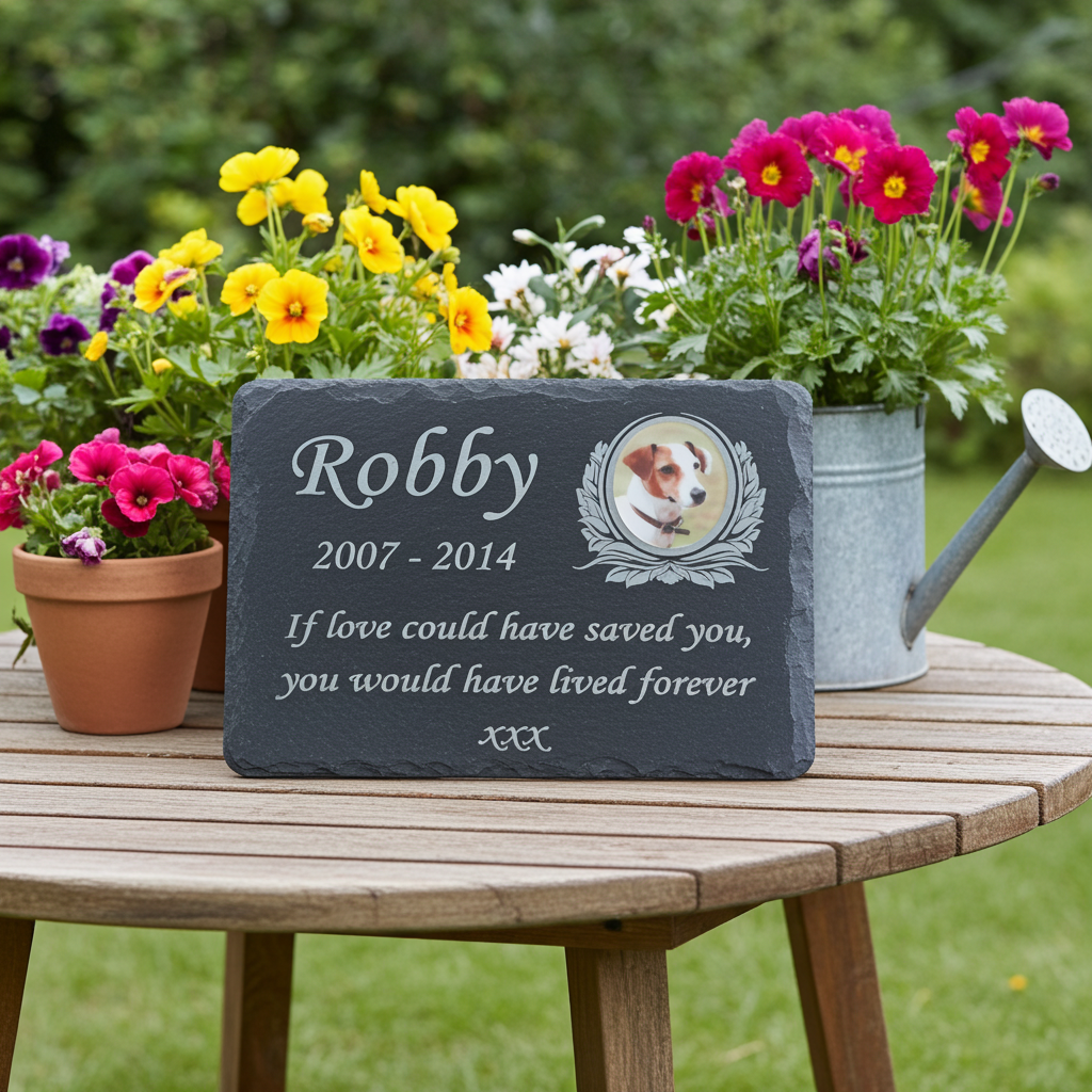 Personalised cat and dog photo memorial plaque and natural slate pet grave marker with photograph, name, dates and remembrance wording
