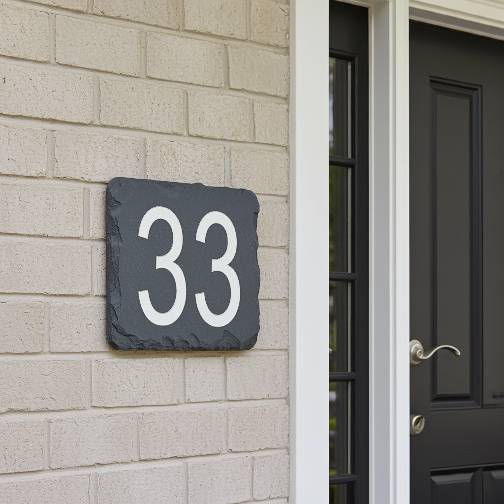 A square dark slate house number plaque with the white numerals '33' mounted on a light beige brick wall next to a black front door.