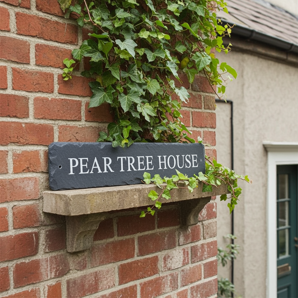 A rectangular dark slate sign reading 'PEAR TREE HOUSE' in white lettering, mounted on a brick wall above a stone shelf with green ivy growing through and around it.