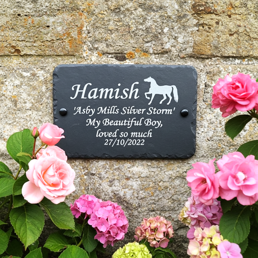 A personalized black slate memorial plaque mounted on a stone wall, surrounded by pink roses and hydrangeas. The plaque is engraved with the name 'Hamish', a silhouette of a horse, and the text 'Asby Mills Silver Storm' along with a remembrance date.
