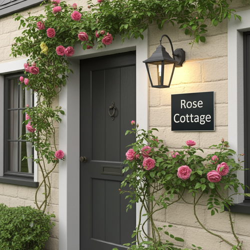 Front door of a house named 'Rose Cottage' with pink roses and greenery.