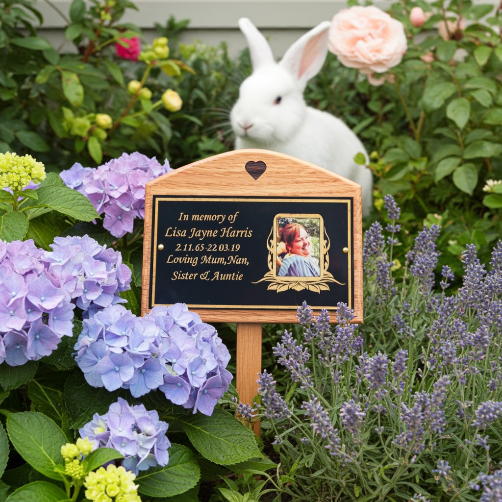 Memorial plaque for Lisa Jayne Harris in a garden with flowers and a rabbit.