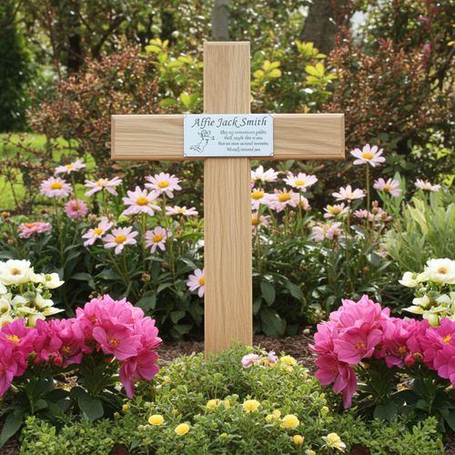 Wooden cross with a plaque in a garden with flowers
