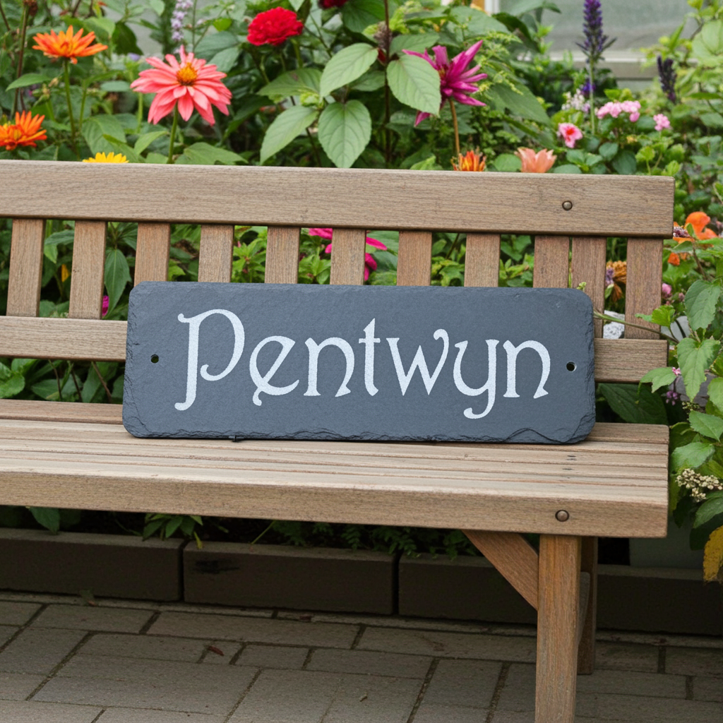 A rectangular dark slate sign with the name 'Pentwyn' in white script, mounted on a wooden garden bench in front of a colorful flower bed.
