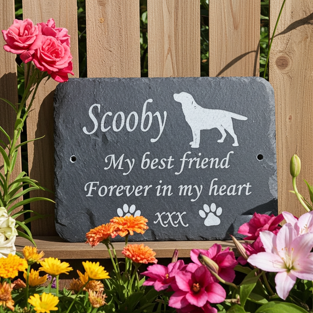 Personalized dark gray slate memorial garden plaque with engraved white text reading 'Scooby My best friend Forever in my heart' and paw prints, displayed outdoors in front of a wooden fence with flowers around it.
