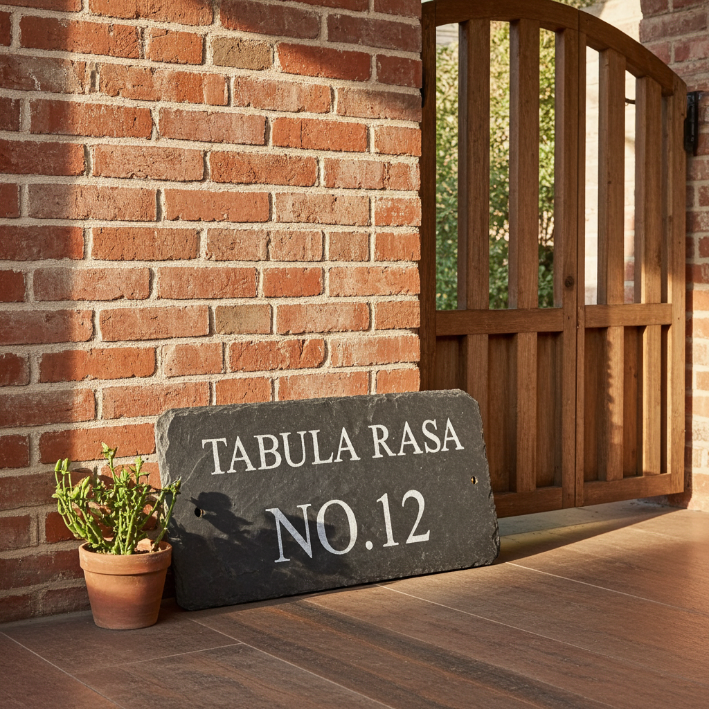 A dark slate house number sign reading 'TABULA RASA NO.12' leaning against a red brick wall next to a potted plant and a wooden gate.