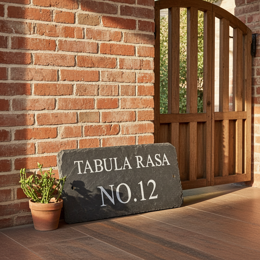 A dark slate house number sign reading 'TABULA RASA NO.12' leaning against a red brick wall next to a potted plant and a wooden gate.
