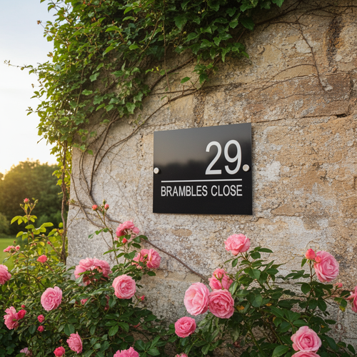 Aluminium house sign with silver letters and black background