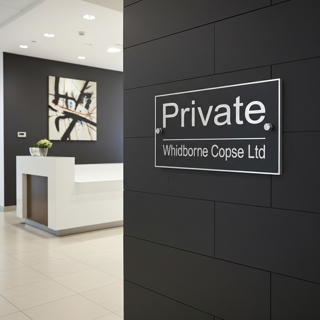 A rectangular white sign with black text reading 'Private' and 'Whidborne Copse Ltd' mounted on a dark charcoal paneled wall in a modern office lobby with a white reception desk visible in the background.