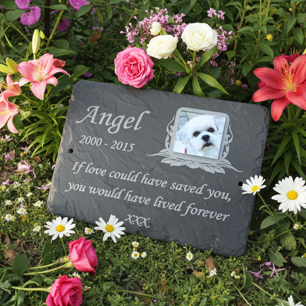 Personalized pet memorial garden plaque made of dark slate stone, featuring a photo of a small white dog and engraved text reading 'Angel 2000 - 2015 If love could have saved you, you would have lived forever' surrounded by colorful flowers in a garden setting.