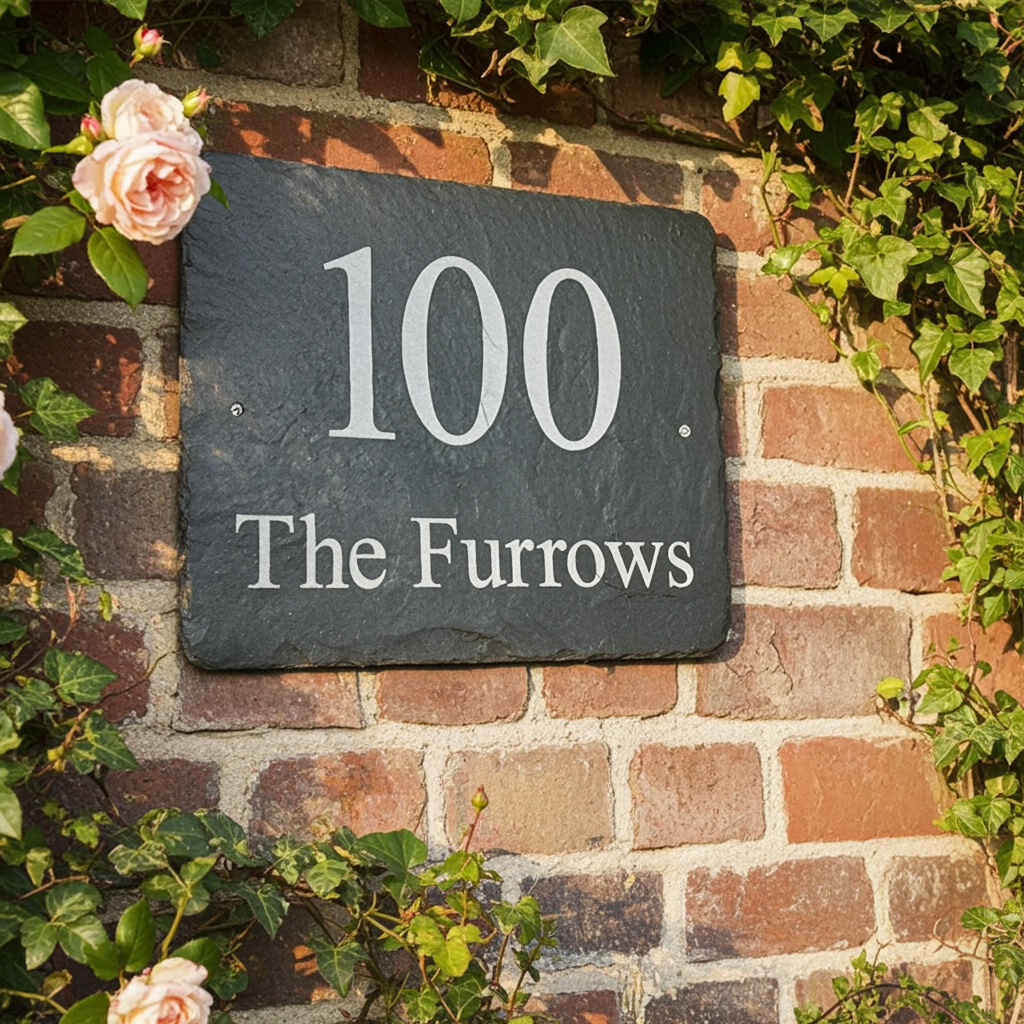 A rectangular dark slate house number plaque reading '100 The Furrows' mounted on a red brick wall, surrounded by green ivy and pink roses.