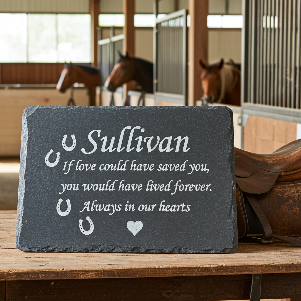 Slate plaque with engraved text in a stable setting with horses in the background