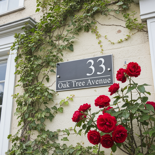 Address sign on a building with red roses in the foreground