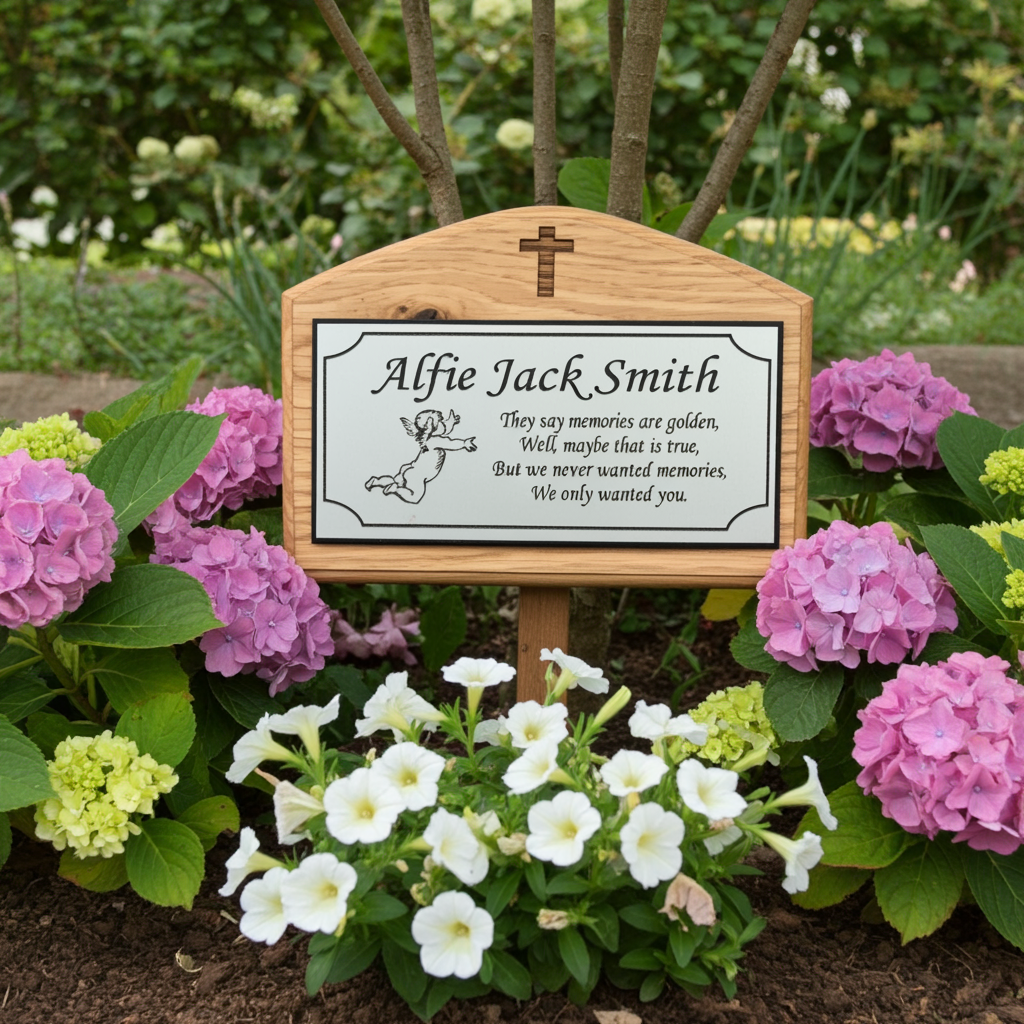 Personalised Oak Wooden Grave Marker with Memorial Plaque & Engraved Cross