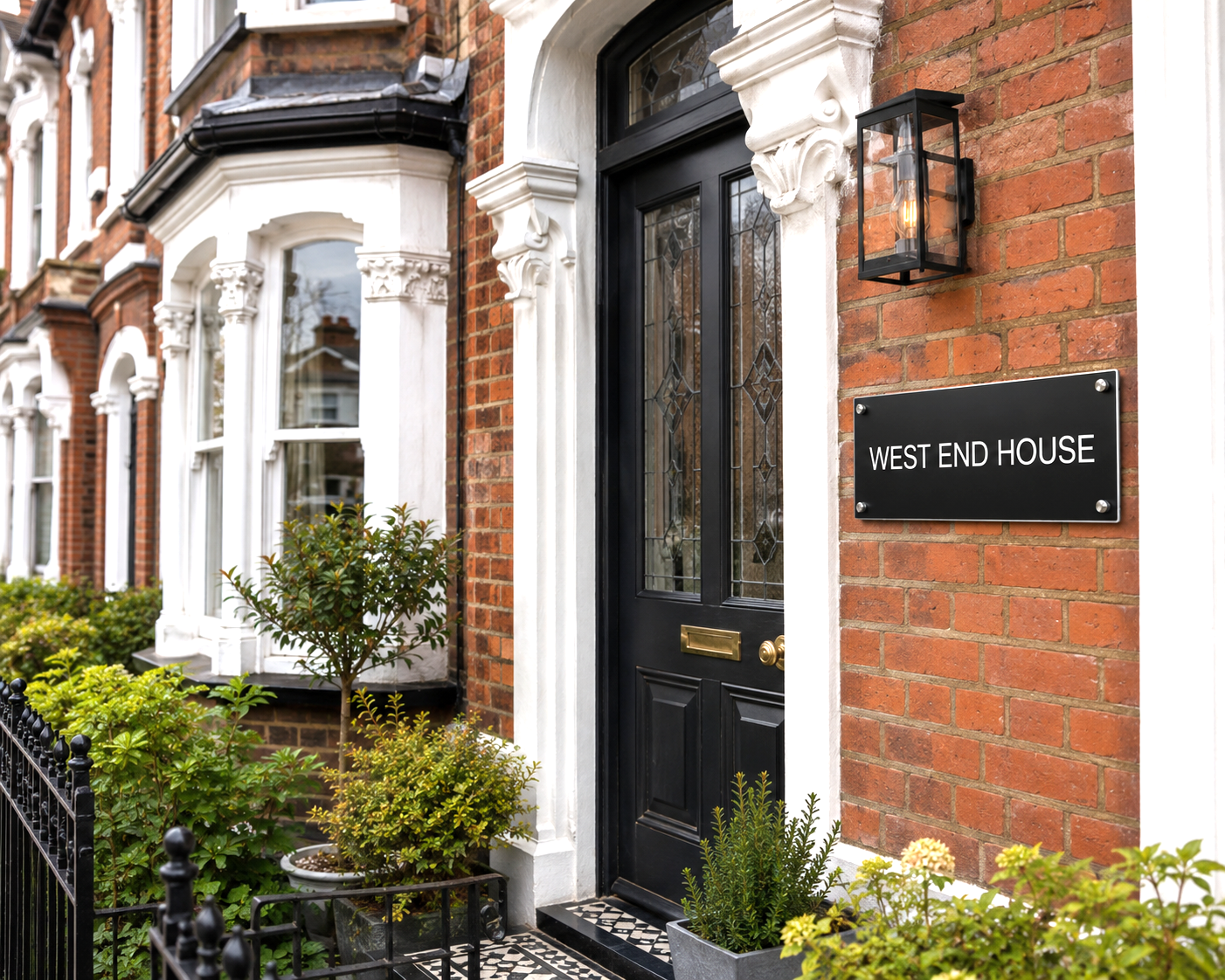 Front exterior of a brick townhouse with a black door, white decorative trim, a black wall-mounted lantern, and a black sign reading WEST END HOUSE. Greenery and potted plants adorn the entrance.