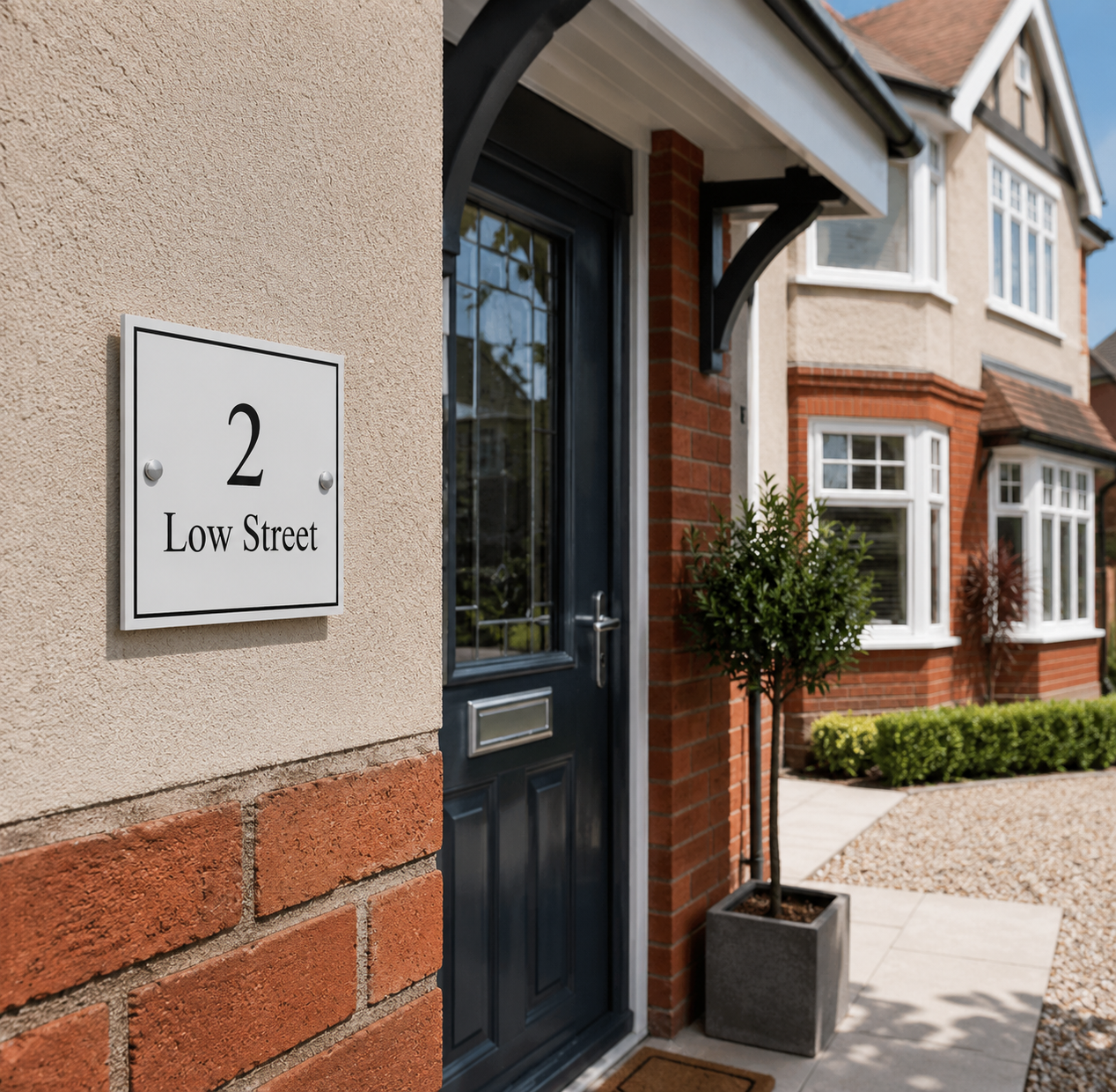 A square white house number plaque with black text reading '2 Low Street' mounted on a beige stucco wall next to a red brick column and dark blue front door.