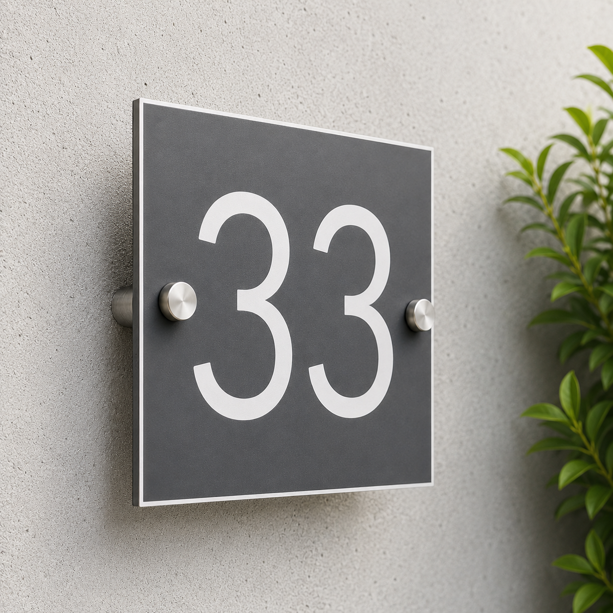 A modern square house number sign displaying '33' in white on a dark gray background, mounted on a textured light gray wall with green foliage visible on the right side.