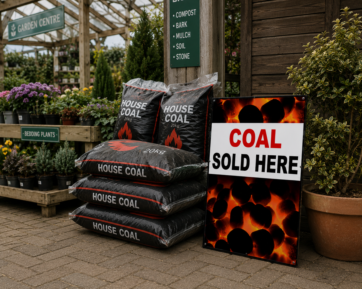 Three black bags of HOUSE COAL stacked on the ground next to a sign that reads 'COAL SOLD HERE' with glowing charcoal graphics, set in a garden centre environment with potted plants and garden center signage in the background.