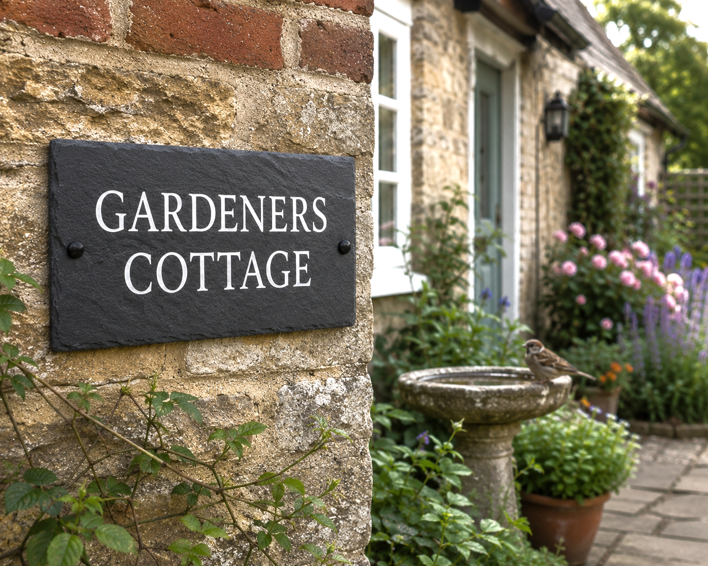 A rectangular black slate sign with white lettering reading 'GARDENERS COTTAGE' mounted on a stone wall beside a garden courtyard with a bird bath and potted plants.